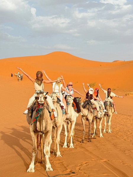 A camel caravan trekking across the Sahara dunes on a 3 day Morocco tour.