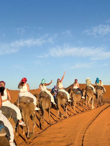 Camel caravan walking across the golden Sahara dunes at sunset during a 5 day tour from Fes to Marrakech