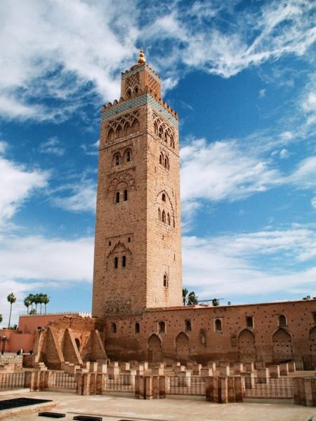Koutoubia Mosque in Marrakech with its iconic minaret and traditional Moroccan architecture