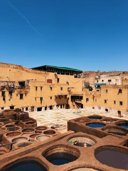 Chouara Tanneries in Fes showing traditional leather dyeing practices in Morocco