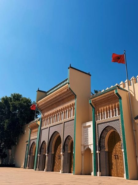 Golden Gate of the Royal Palace in Fes with traditional Moroccan tilework and architecture
